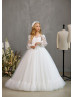 Long Sleeves Ivory Sequined Lace Tulle Flower Girl Dress With Ruffled Hem